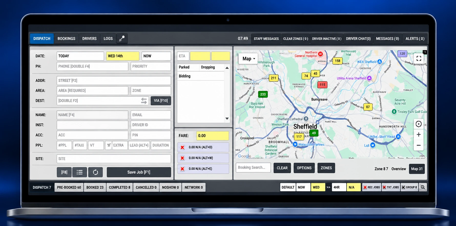 Laptop displaying a dispatch interface with booking fields, a Sheffield map and dispatch controls.
